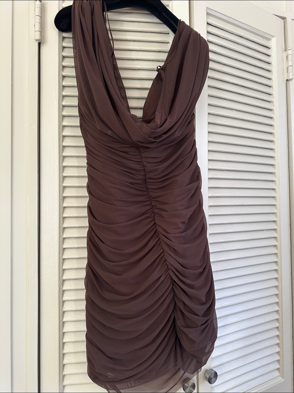 Zara Sleeveless off shoulder Draped Mini Dress in Chocolate Brown - Picture 6 of 8